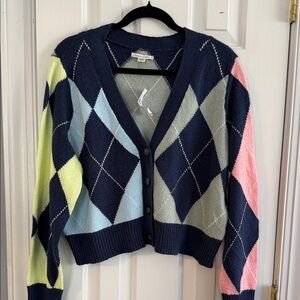 NWT American Eagle Argyle V-Neck Cardigan Sweater - Navy with Pastel Accents Sox